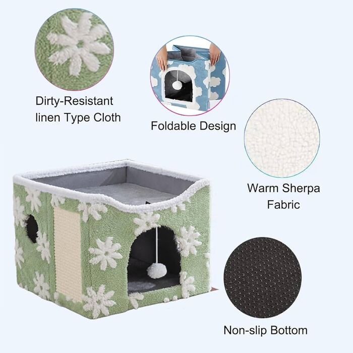 Premium Embroidered Cartoon Design Foldable Double Decker Pet Cat & Dog Stool House with Scratching Pad