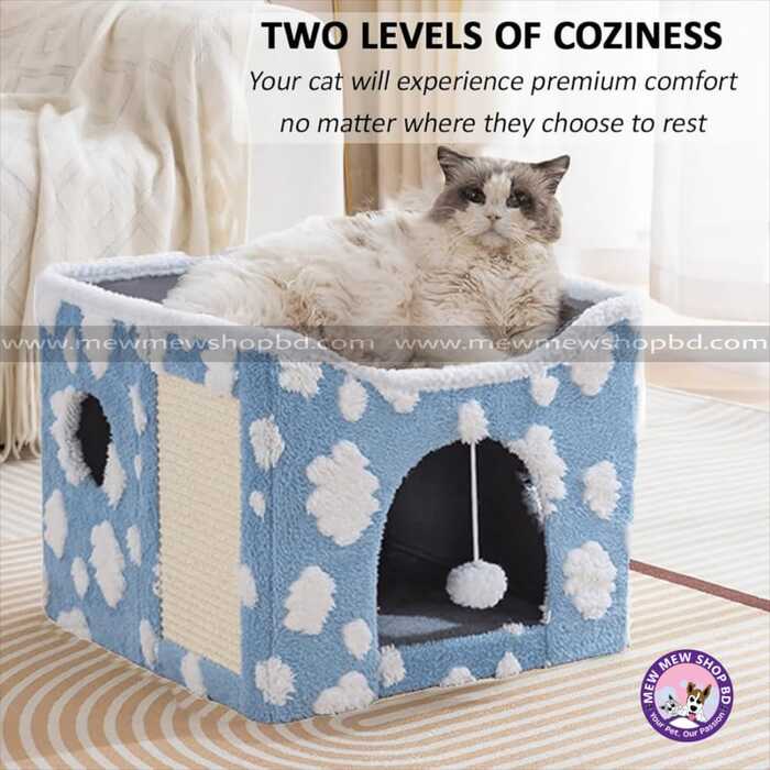 Premium Embroidered Cartoon Design Foldable Double Decker Pet Cat & Dog Stool House with Scratching Pad
