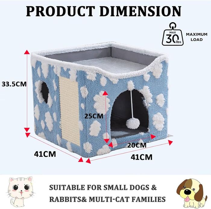 Premium Embroidered Cartoon Design Foldable Double Decker Pet Cat & Dog Stool House with Scratching Pad