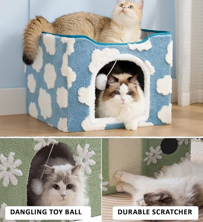 Premium Embroidered Cartoon Design Foldable Double Decker Pet Cat & Dog Stool House with Scratching Pad