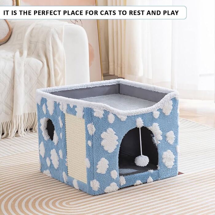Premium Embroidered Cartoon Design Foldable Double Decker Pet Cat & Dog Stool House with Scratching Pad