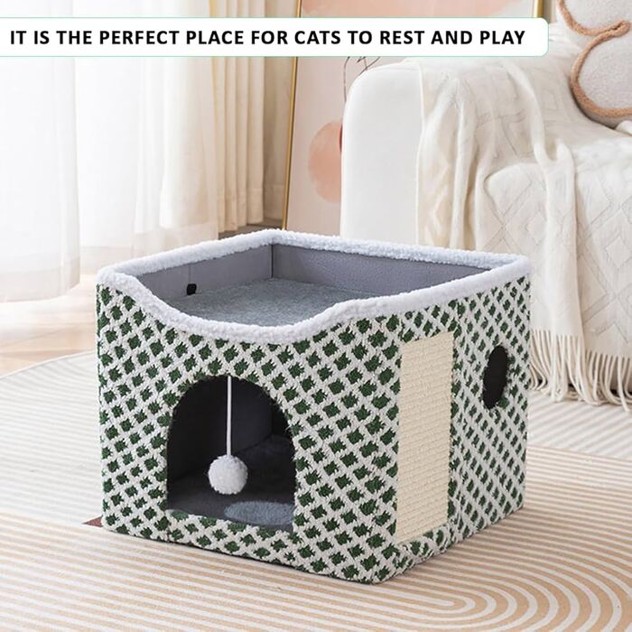 Premium Embroidered Cartoon Design Foldable Double Decker Pet Cat & Dog Stool House with Scratching Pad