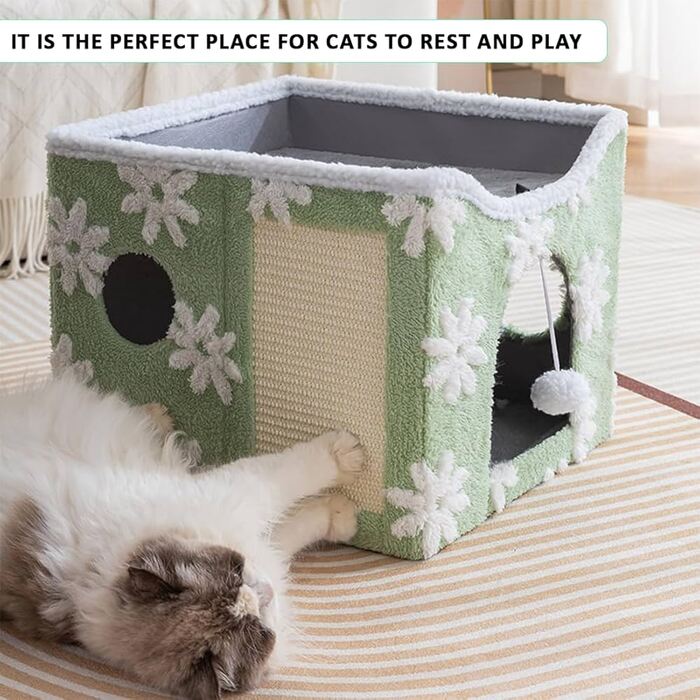 Premium Embroidered Cartoon Design Foldable Double Decker Pet Cat & Dog Stool House with Scratching Pad