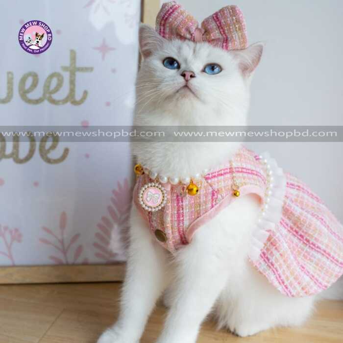 Fashionable Cute Pet Princess Dress Breathable Thin Design Pet Cat Frock with Bow tie & Pearl Design Collar Included Set Soft Cat Skirt