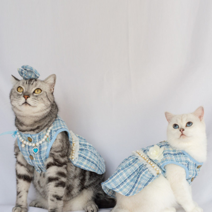 Fashionable Cute Pet Princess Dress Breathable Thin Design Pet Cat Frock with Bow tie & Pearl Design Collar Included Set Soft Cat Skirt