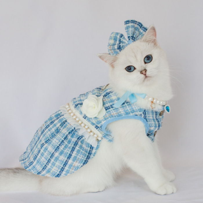 Fashionable Cute Pet Princess Dress Breathable Thin Design Pet Cat Frock with Bow tie & Pearl Design Collar Included Set Soft Cat Skirt