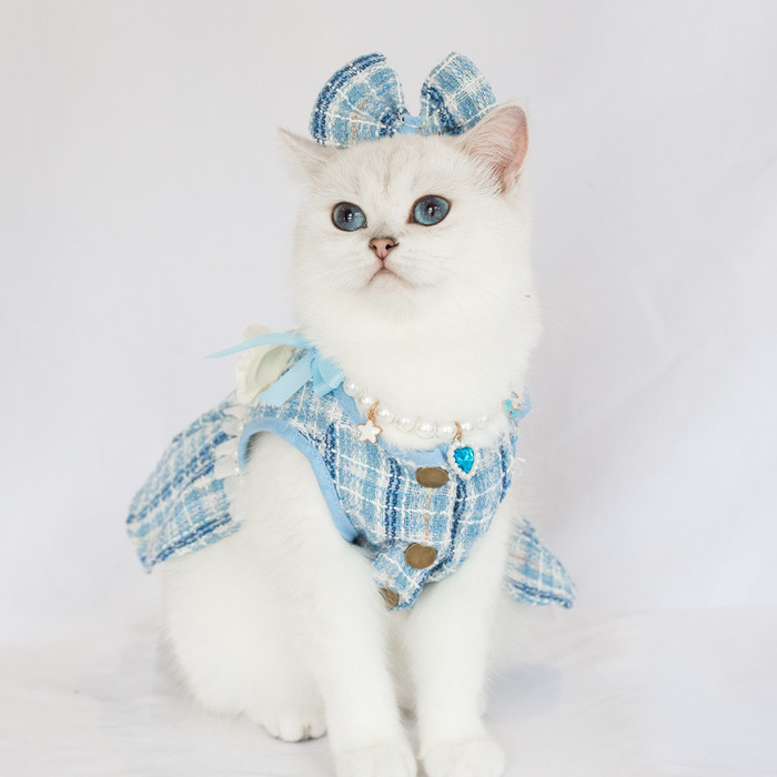 Fashionable Cute Pet Princess Dress Breathable Thin Design Pet Cat Frock with Bow tie & Pearl Design Collar Included Set Soft Cat Skirt
