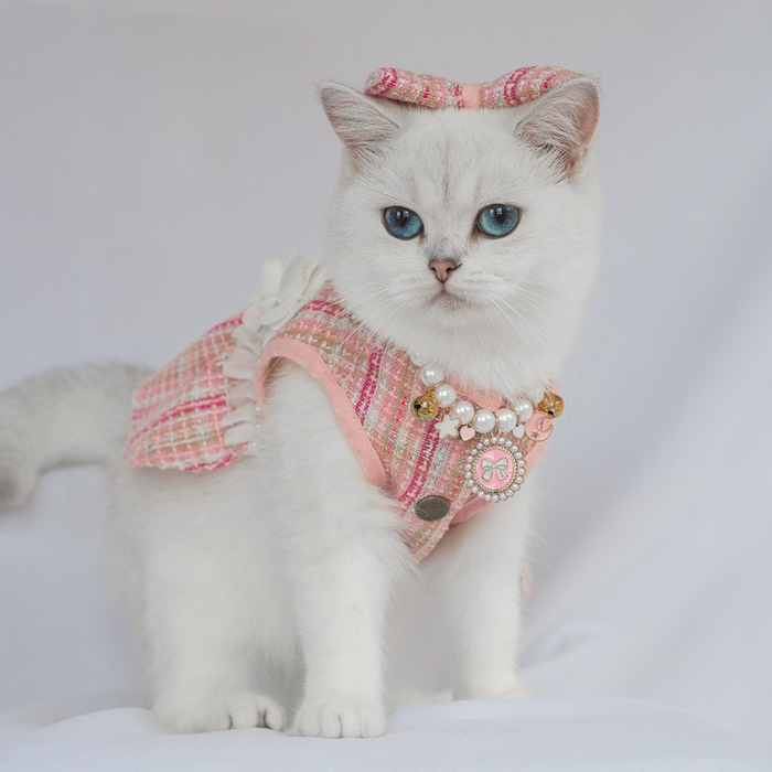 Fashionable Cute Pet Princess Dress Breathable Thin Design Pet Cat Frock with Bow tie & Pearl Design Collar Included Set Soft Cat Skirt