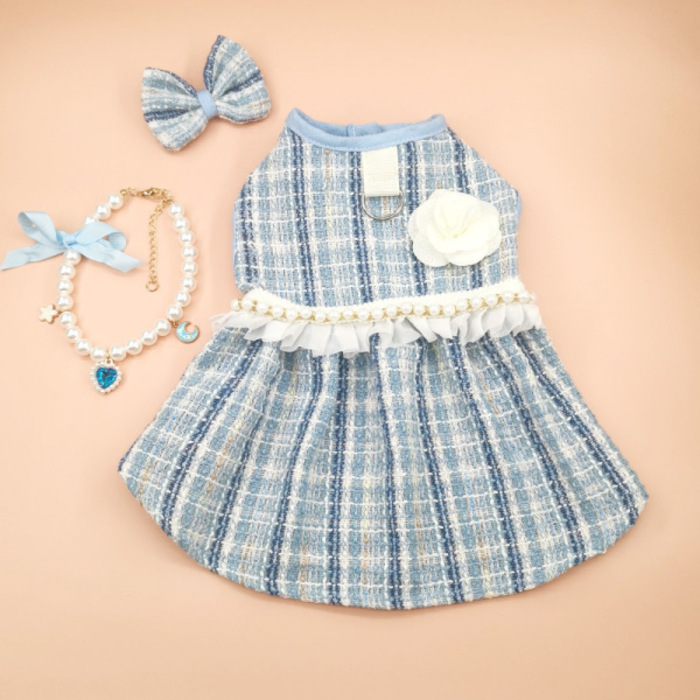 Fashionable Cute Pet Princess Dress Breathable Thin Design Pet Cat Frock with Bow tie & Pearl Design Collar Included Set Soft Cat Skirt