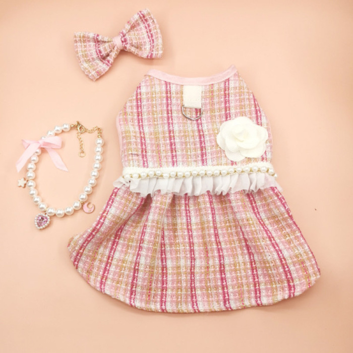Fashionable Cute Pet Princess Dress Breathable Thin Design Pet Cat Frock with Bow tie & Pearl Design Collar Included Set Soft Cat Skirt