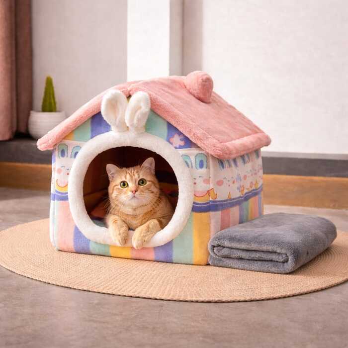 Large Size Rabbit Ear Design Tent shape Enclosed Warm House with Blanket Plush Sleeping Bed for Pet Cat