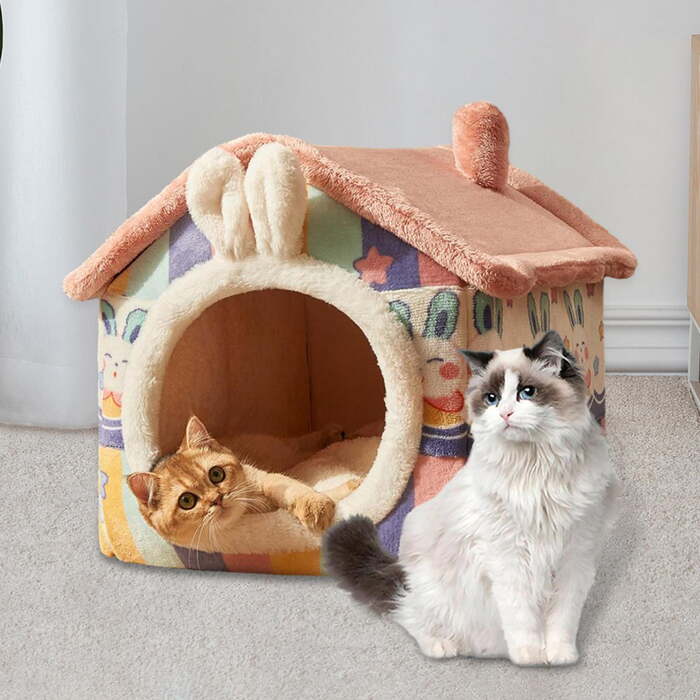 Large Size Rabbit Ear Design Tent shape Enclosed Warm House with Blanket Plush Sleeping Bed for Pet Cat