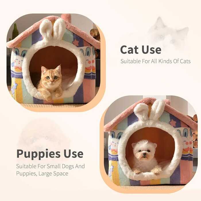Large Size Rabbit Ear Design Tent shape Enclosed Warm House with Blanket Plush Sleeping Bed for Pet Cat