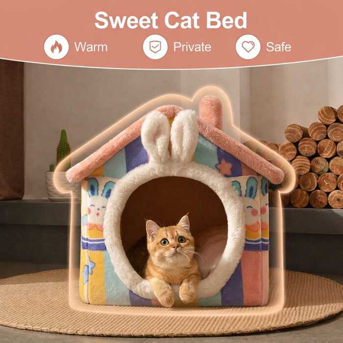 Large Size Rabbit Ear Design Tent shape Enclosed Warm House with Blanket Plush Sleeping Bed for Pet Cat