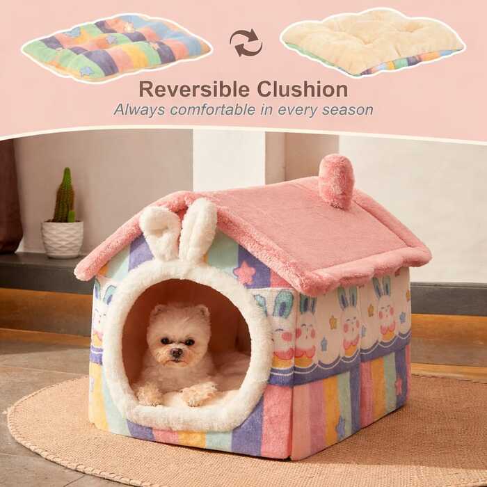 Large Size Rabbit Ear Design Tent shape Enclosed Warm House with Blanket Plush Sleeping Bed for Pet Cat