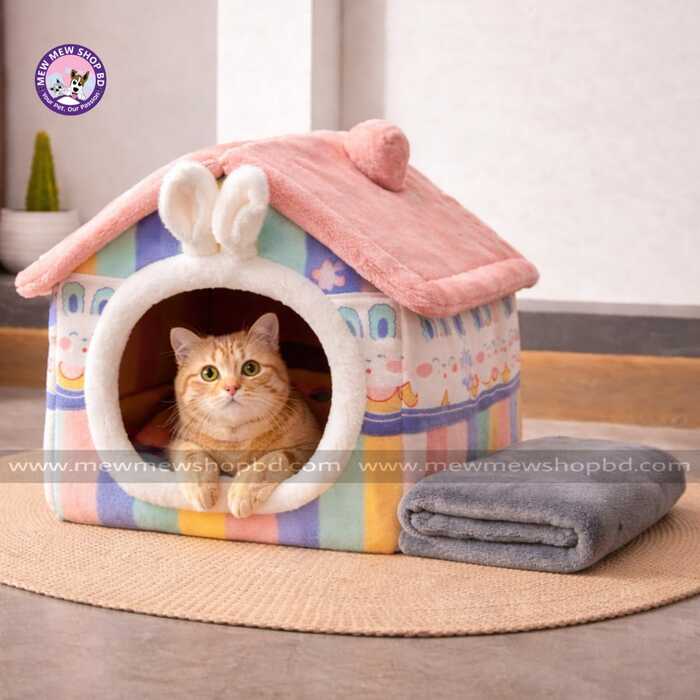 Large Size Rabbit Ear Design Tent shape Enclosed Warm House with Blanket Plush Sleeping Bed for Pet Cat