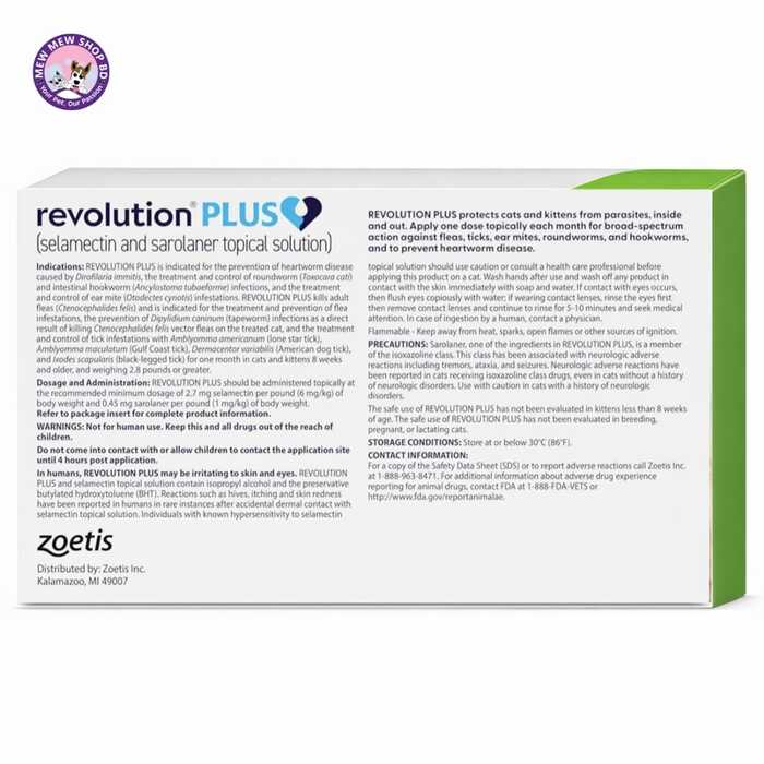 Revolution Plus Spot On (Selamectin and Sarolaner Topical Solution) for Cats 11.1–22 lbs (5.1–10 kg) Green 1 Tube
