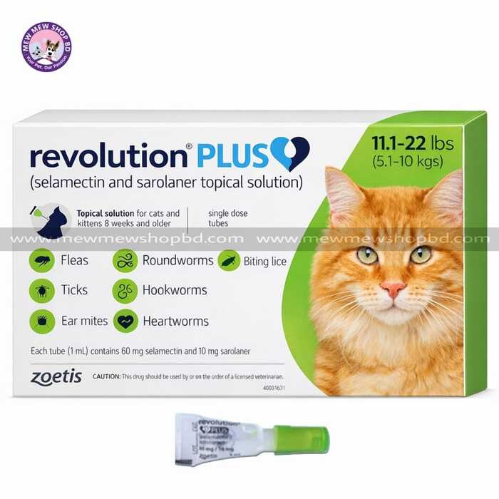 Revolution Plus Spot On (Selamectin and Sarolaner Topical Solution) for Cats 11.1–22 lbs (5.1–10 kg) Green 1 Tube