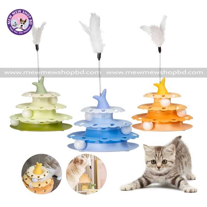 Fish Tail Design 3 Tier Turnable Disk Tower Toy with Feather for Pet Cat
