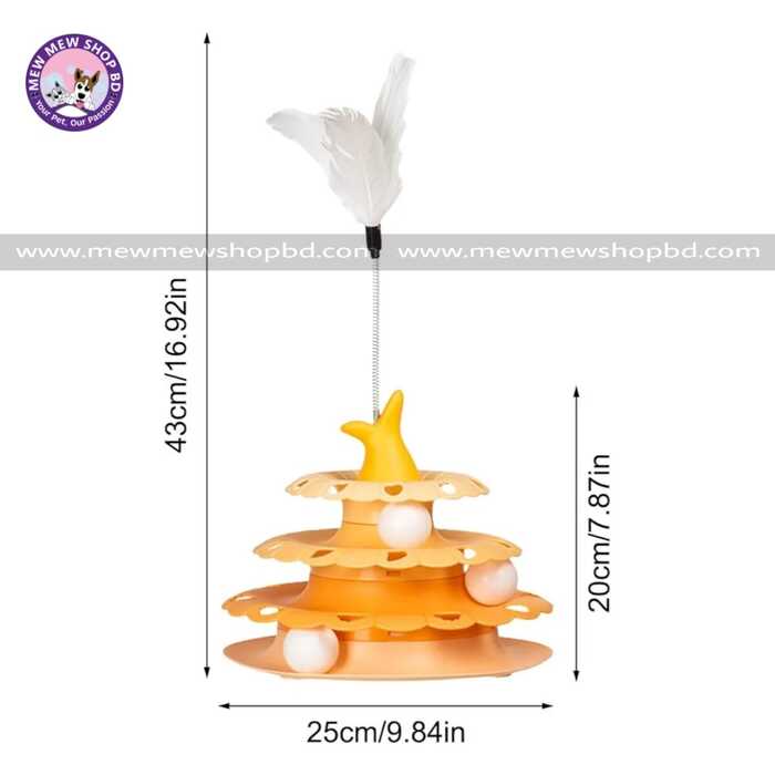 Fish Tail Design 3 Tier Turnable Disk Tower Toy with Feather for Pet Cat