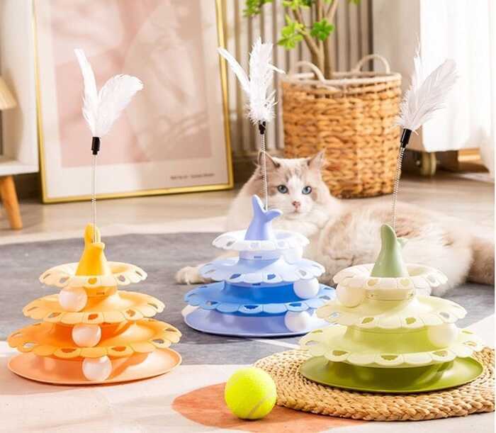 Fish Tail Design 3 Tier Turnable Disk Tower Toy with Feather for Pet Cat