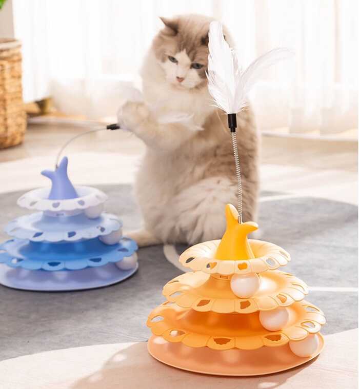 Fish Tail Design 3 Tier Turnable Disk Tower Toy with Feather for Pet Cat
