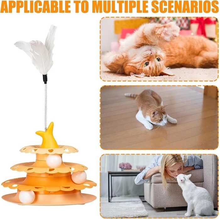 Fish Tail Design 3 Tier Turnable Disk Tower Toy with Feather for Pet Cat