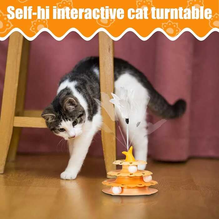 Fish Tail Design 3 Tier Turnable Disk Tower Toy with Feather for Pet Cat