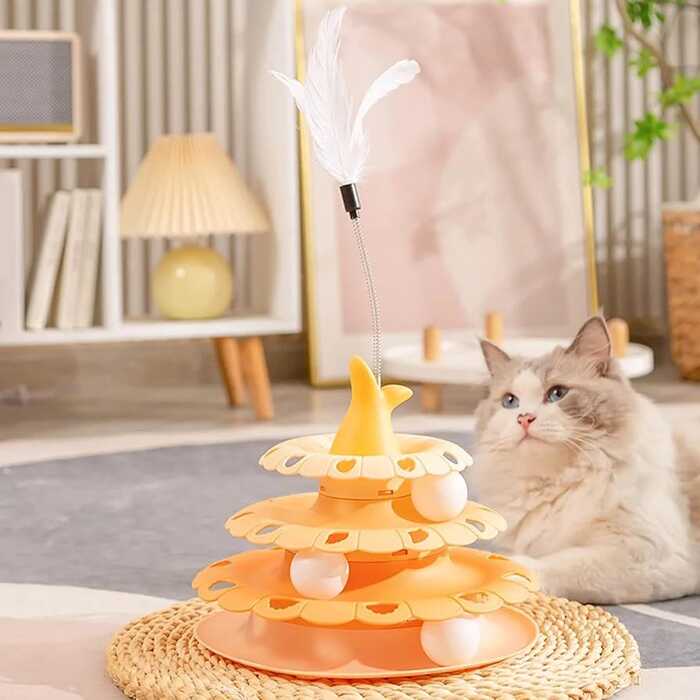 Fish Tail Design 3 Tier Turnable Disk Tower Toy with Feather for Pet Cat
