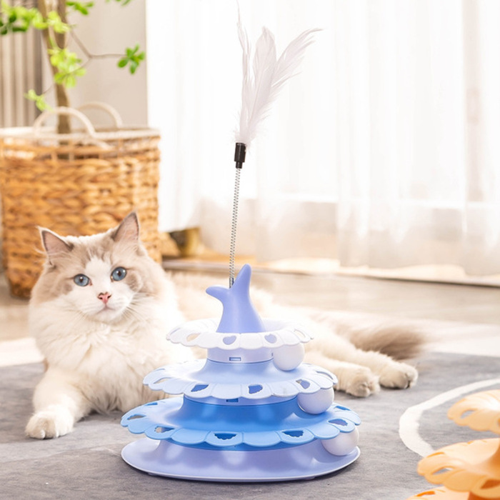 Fish Tail Design 3 Tier Turnable Disk Tower Toy with Feather for Pet Cat
