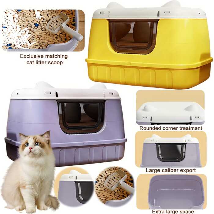 Extra Large Size Round Cat Ear Designed Pet Cat Toilet Closed Litter Box with Lid Drawer System Foldable Litter Box Including Plastic Scoop