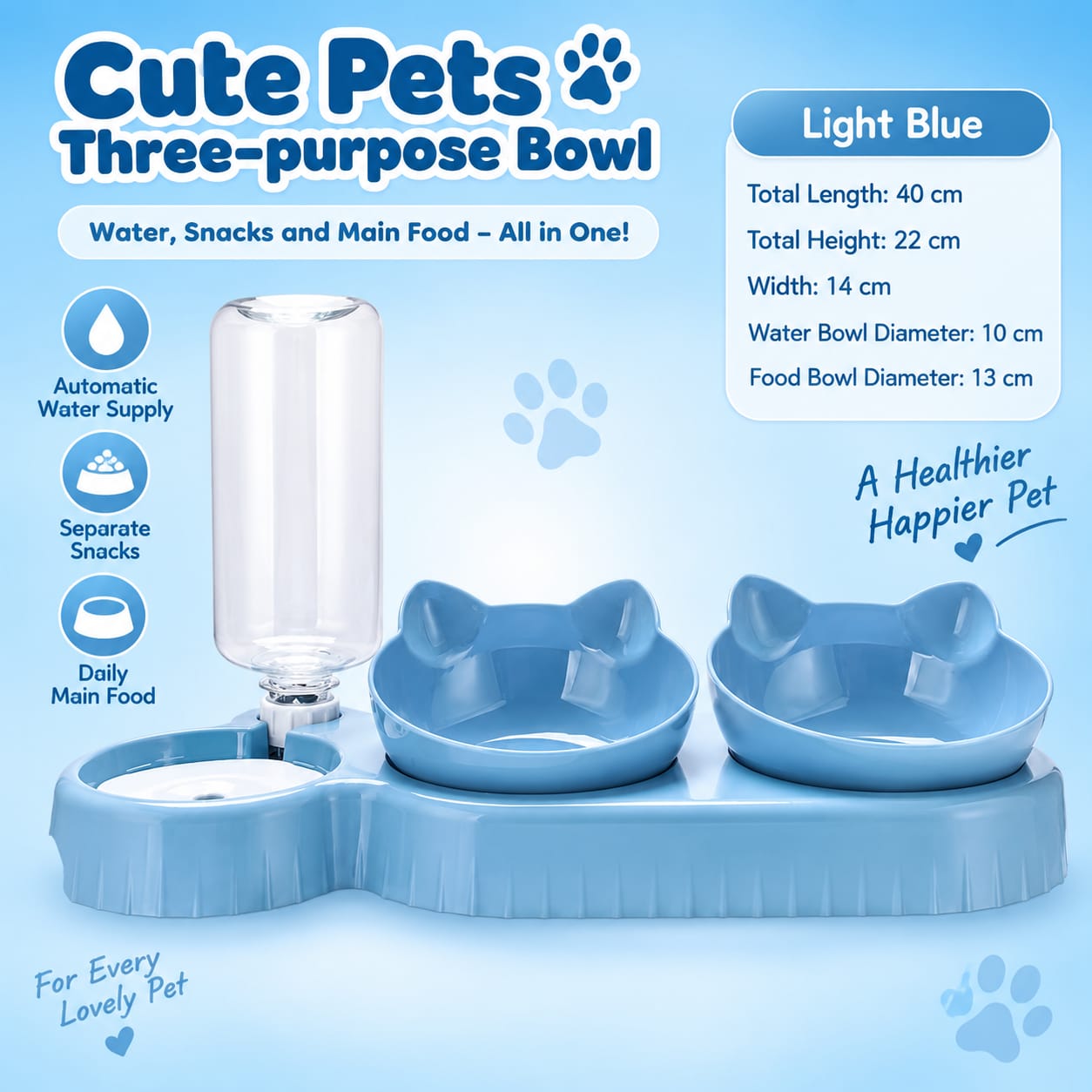 Super Premium Cat Ear Design 3-in-1 Water & Food Bowl with Dry & Wet Food Separation
