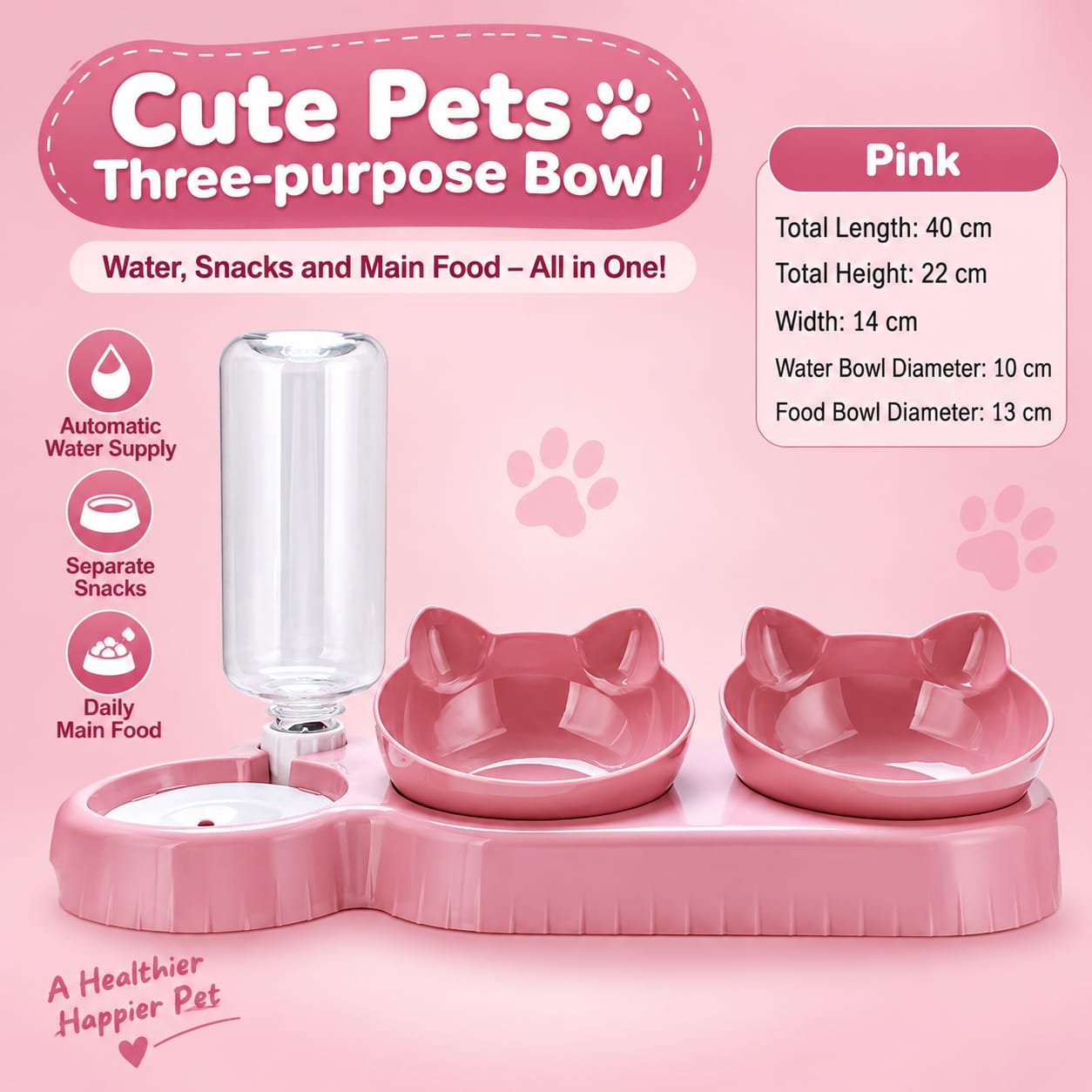 Super Premium Cat Ear Design 3-in-1 Water & Food Bowl with Dry & Wet Food Separation
