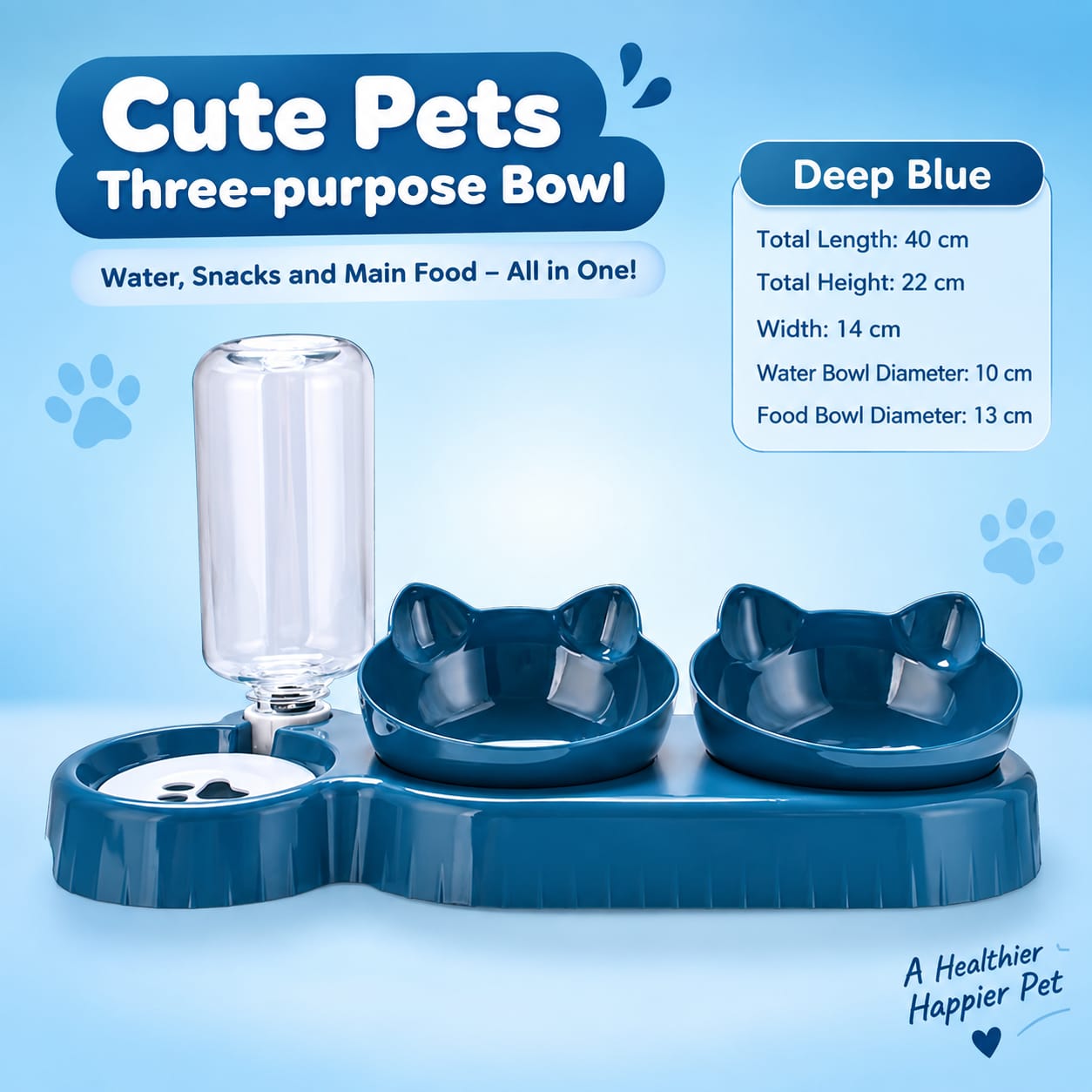 Super Premium Cat Ear Design 3-in-1 Water & Food Bowl with Dry & Wet Food Separation