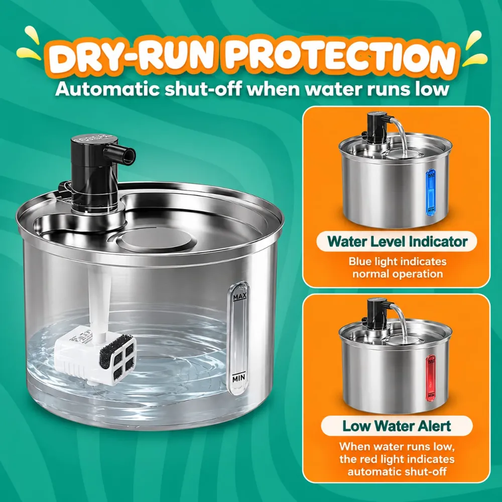 3L Automatic Pet Water Fountain 304 Stainless Steel Cat Dog Water Fountain Ultra-Quiet Pump Cat Dog Bowl Fountain with Light for Cats Dogs (Model C)