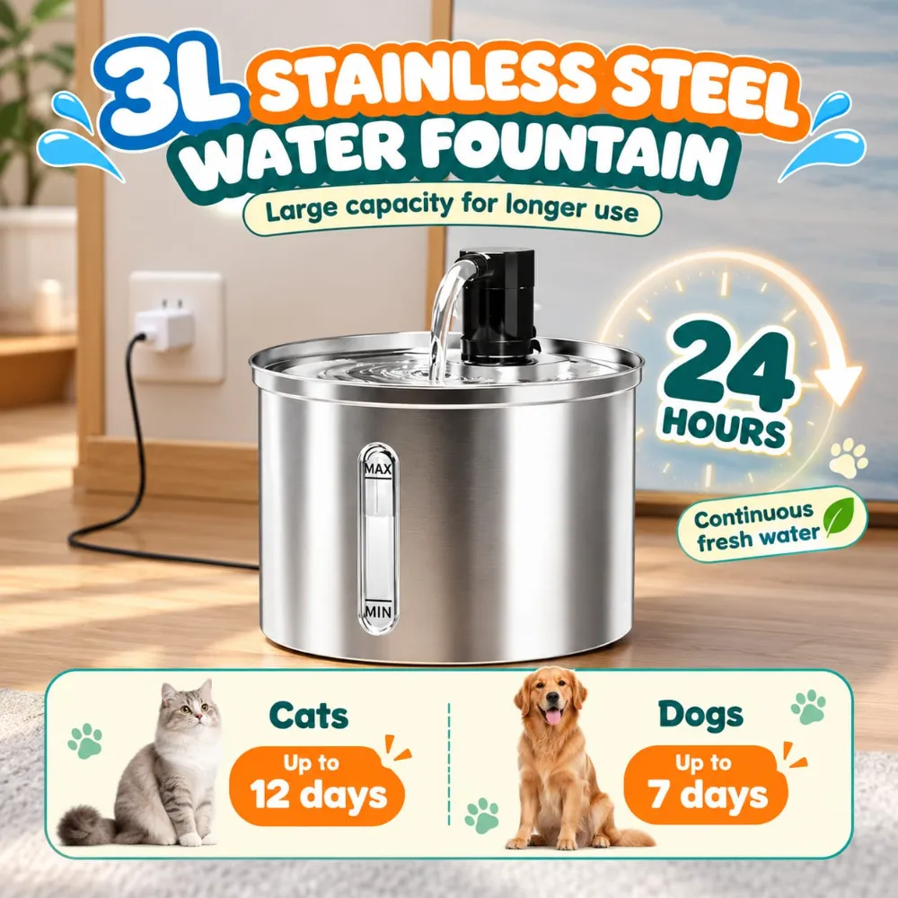 3L Automatic Pet Water Fountain 304 Stainless Steel Cat Dog Water Fountain Ultra-Quiet Pump Cat Dog Bowl Fountain with Light for Cats Dogs (Model C)