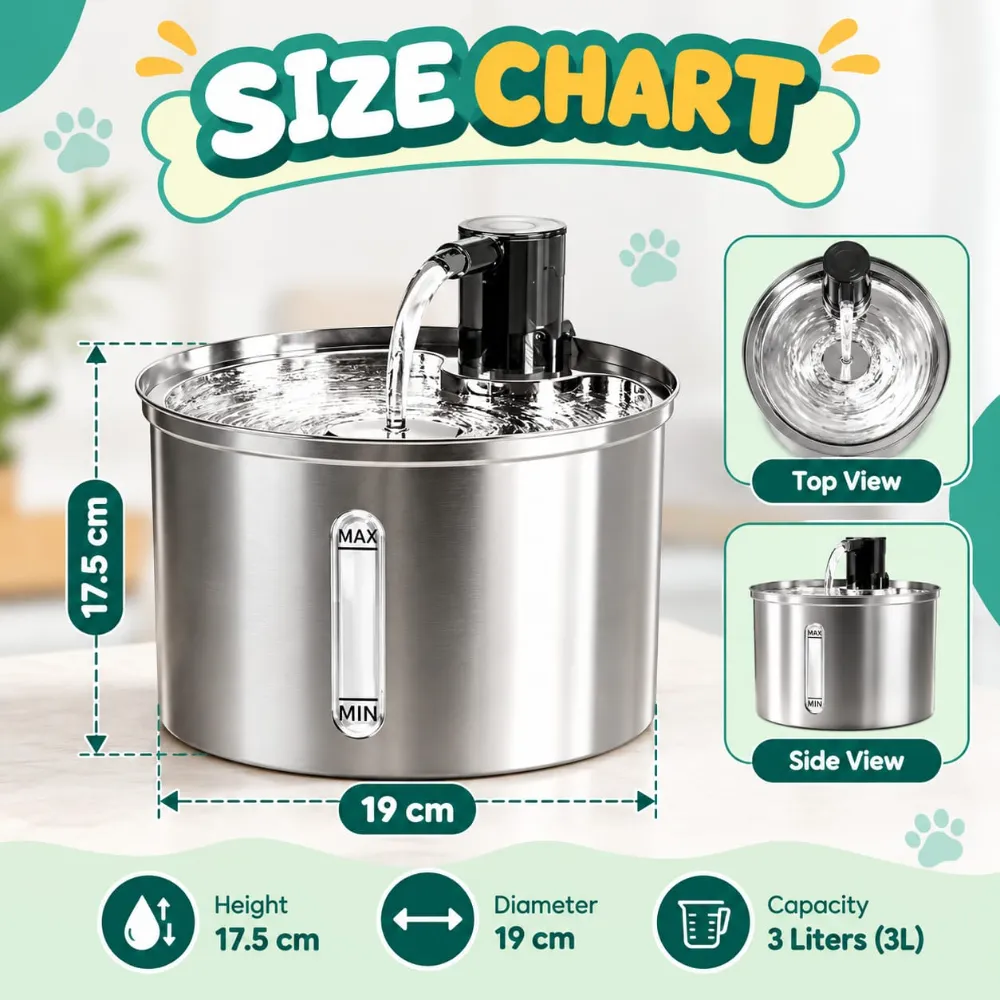 3L Automatic Pet Water Fountain 304 Stainless Steel Cat Dog Water Fountain Ultra-Quiet Pump Cat Dog Bowl Fountain with Light for Cats Dogs (Model C)