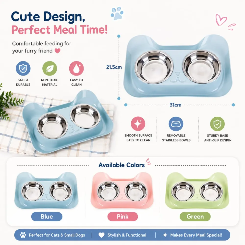 Cute Cat Face Steel Foodbowl with Plastic Base for Pet Cat food Bowl