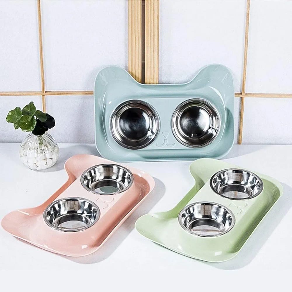 Cute Cat Face Steel Foodbowl with Plastic Base for Pet Cat food Bowl