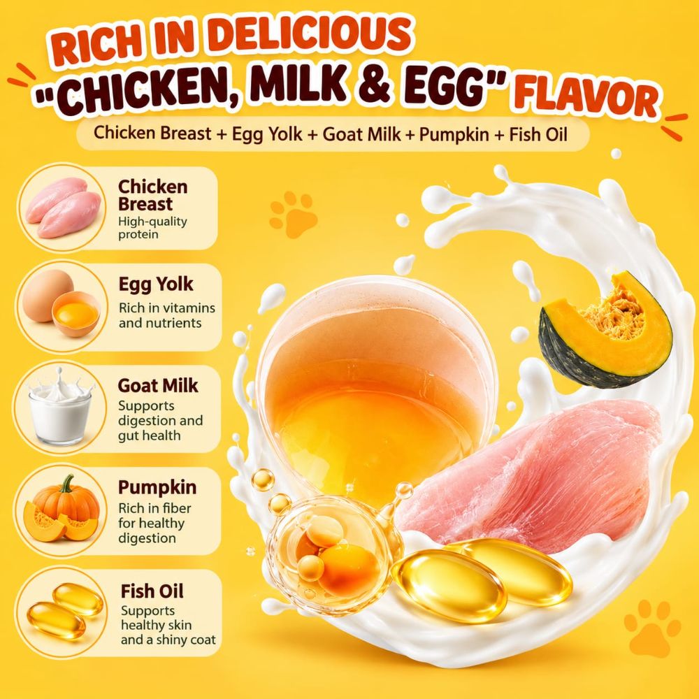Kitten's story Freeze Dried Poached Egg with Chicken Breast, Egg Yolk & Goat Milk Treat for Cats & Dogs 50g
