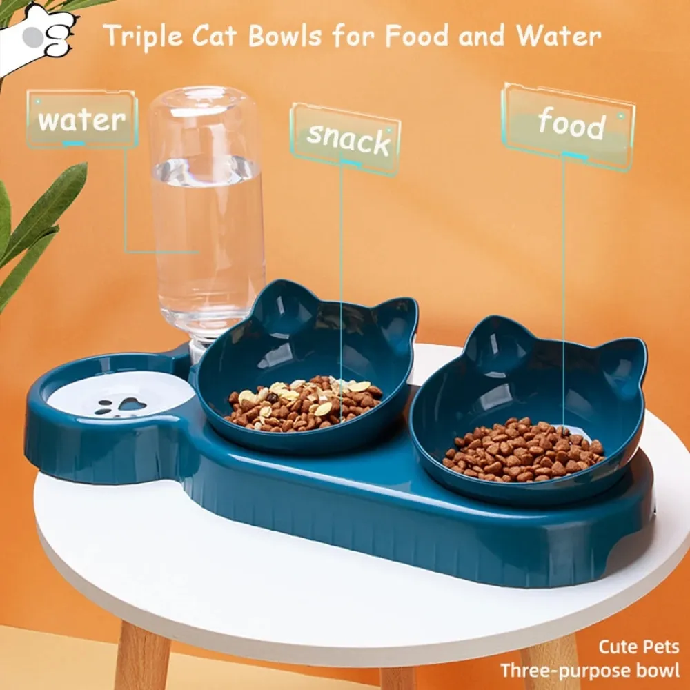 Super Premium Cat Ear Design 3-in-1 Water & Food Bowl with Dry & Wet Food Separation