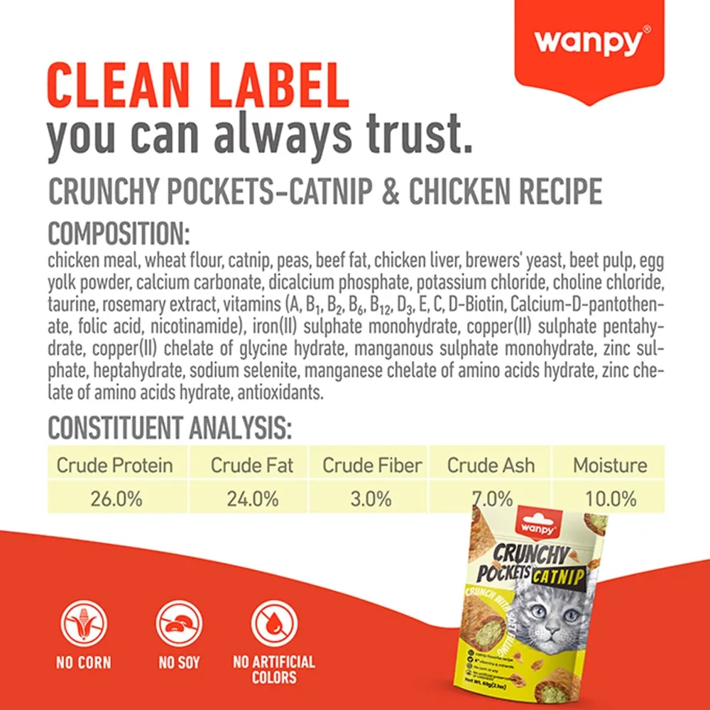 Wanpy Crunchy Pockets Catnip Crunch with Soft Filing Cat Treat 60gm