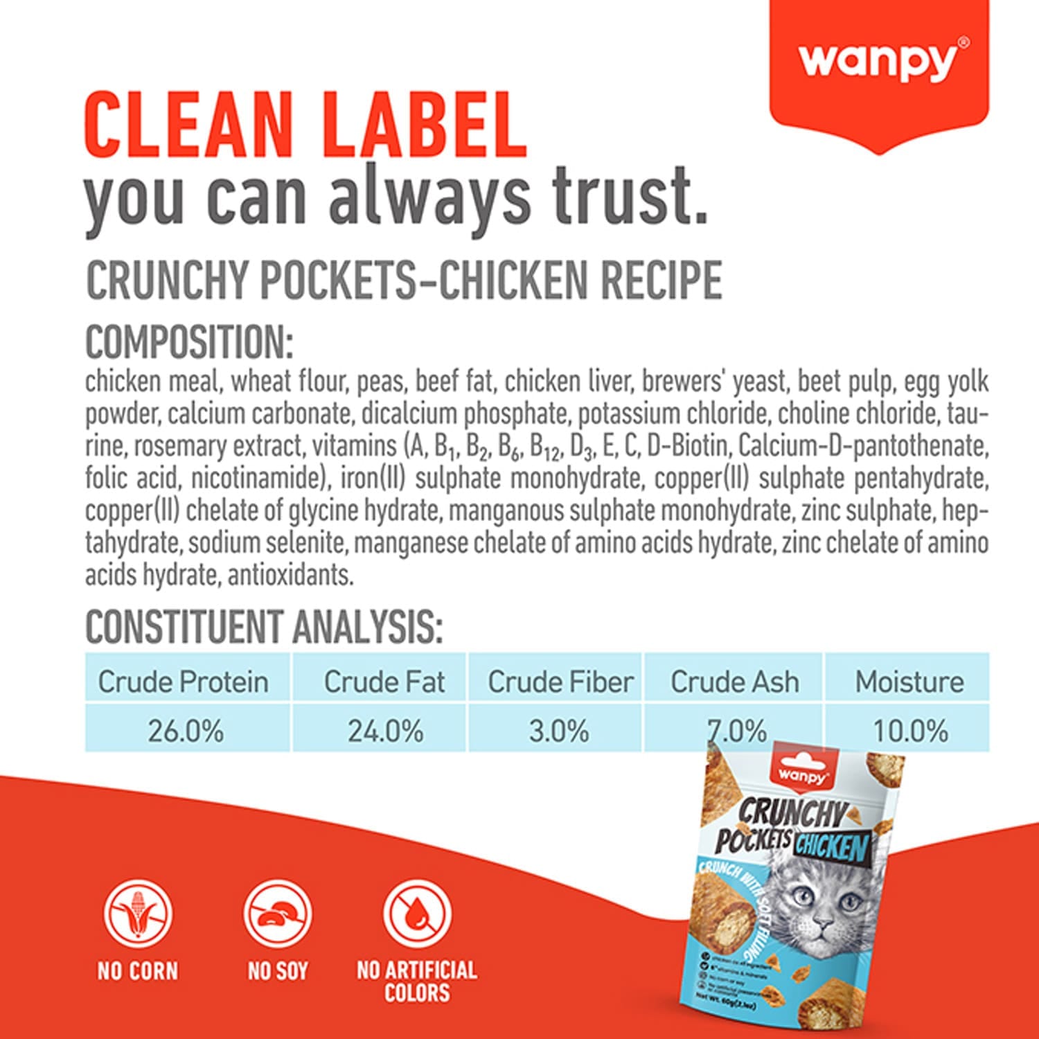 Wanpy Crunchy Pockets Chicken Crunch with Soft Filing Cat Treat 60gm