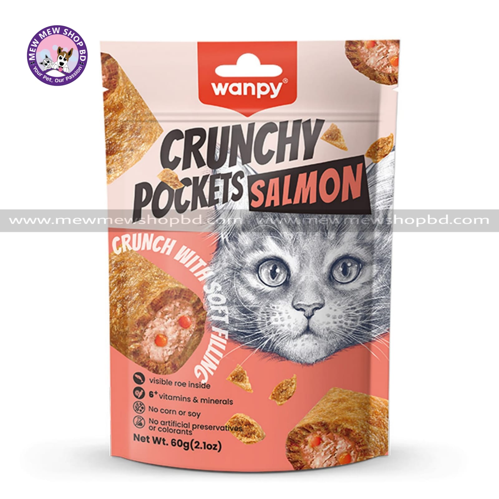 Wanpy Crunchy Pockets Salmon Crunch with Soft Filing Cat Treat 60gm