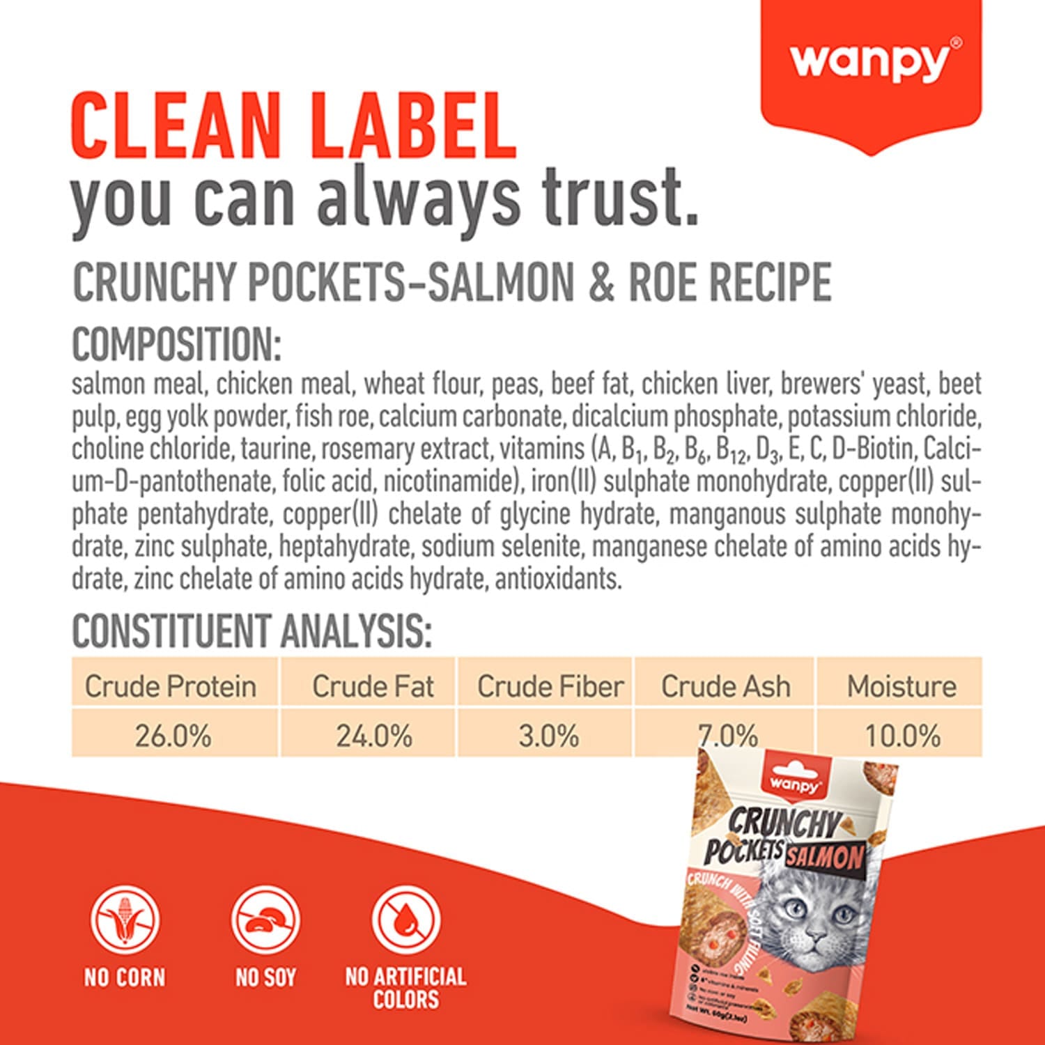 Wanpy Crunchy Pockets Salmon Crunch with Soft Filing Cat Treat 60gm