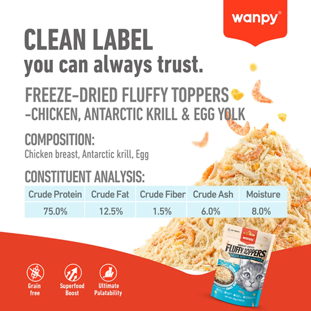 Wanpy Freeze Dried Fluffy Topper Chicken, Antarctic Krill & Egg Yolk 30gm