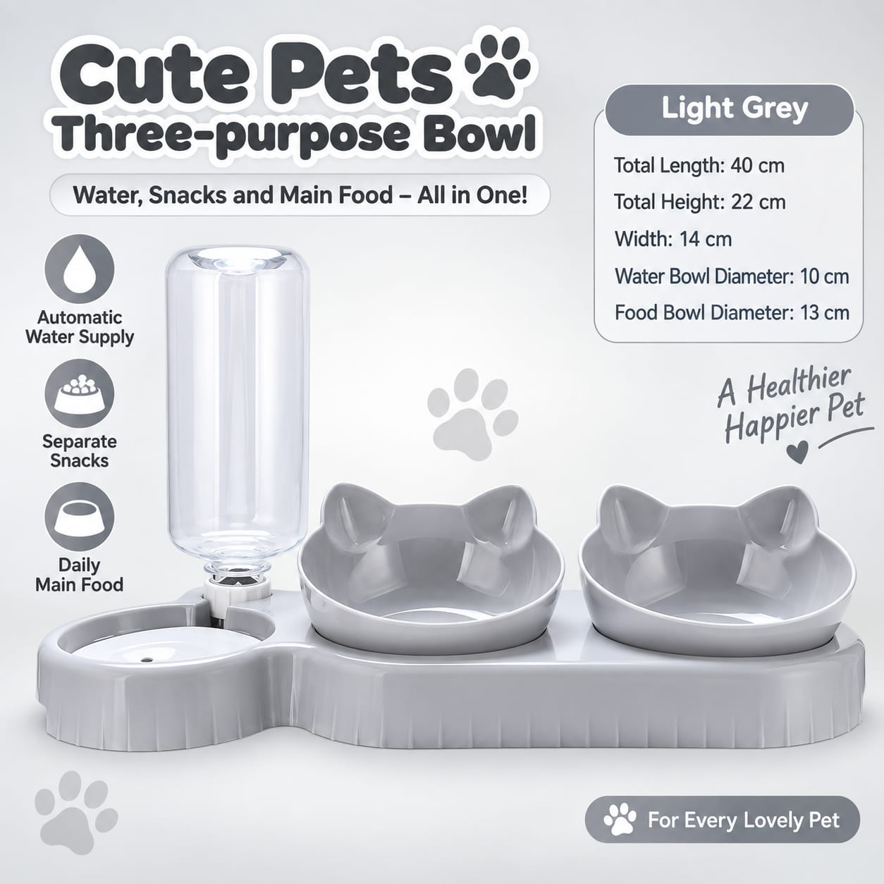 Super Premium Cat Ear Design 3-in-1 Water & Food Bowl with Dry & Wet Food Separation
